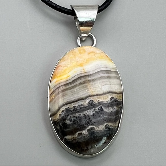 New Zebra Calcite Agate Stone Silver Overlay Pendant Necklace w Cord - Picture 5 of 8
